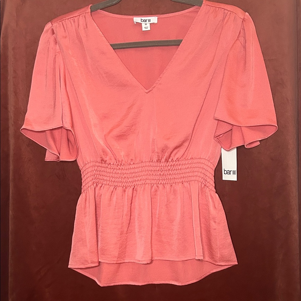NWT Bar III Coral V-Neck Blouse with Smocked Detail